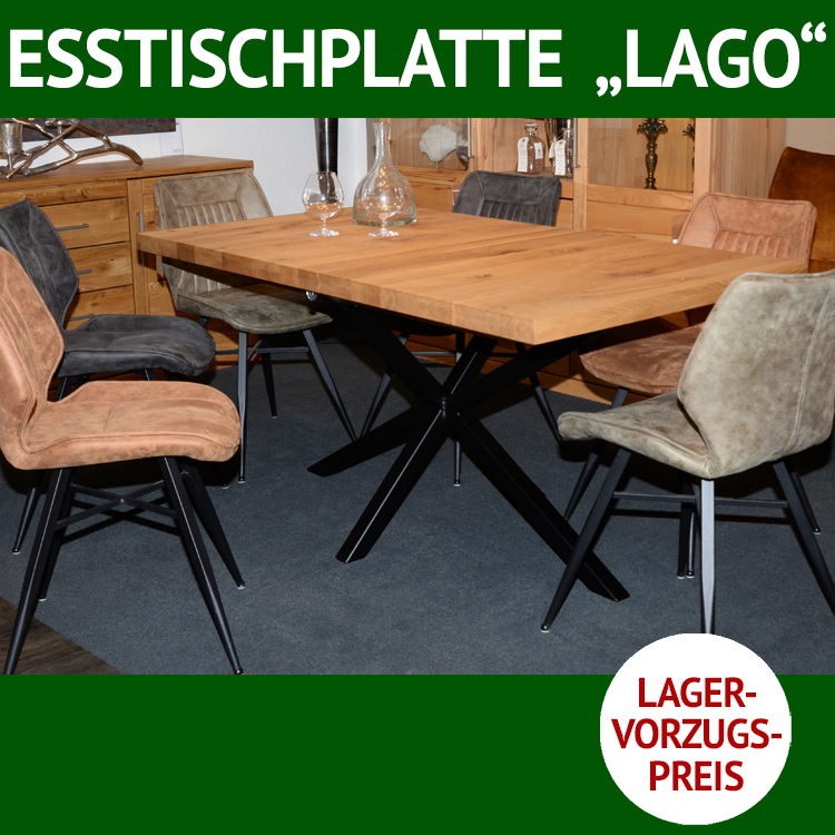 Esstischplatte LAGO, Massivholz in verschiedenen Holzarten, mit oder ohne ausgekittete Äste