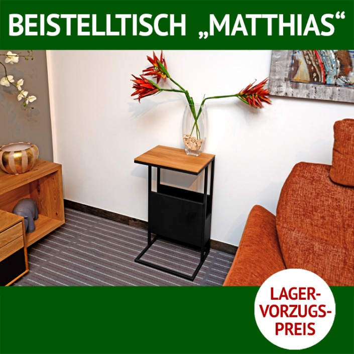 Couchtisch und Beistelltisch MATTHIAS, Wildeiche massiv und schwarzes Metall