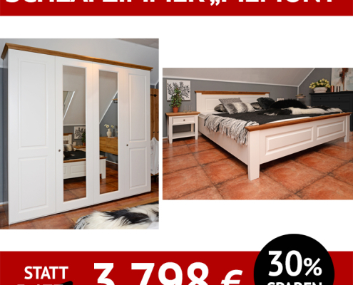 Schlafzimmermöbel Bett, Nachttische und Kleiderschrank PIEMONT, Korpus weiß, Akzente in Wildeiche massiv