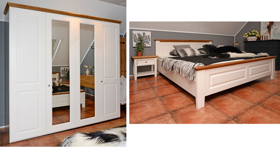 Schlafzimmermöbel Bett, Nachttische und Kleiderschrank PIEMONT, Korpus weiß, Akzente in Wildeiche massiv