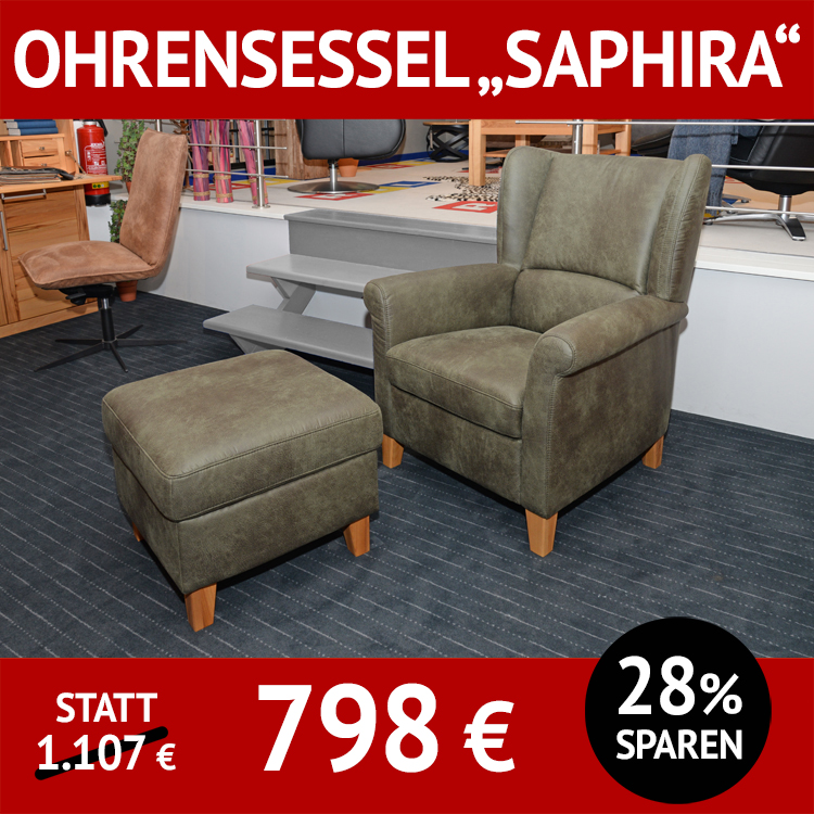 Sessel SAPHIRA, Ohrensessel mit Hocker, Federkern-Polsterung