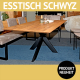 Esstisch SCHWYZ, massive Wildeiche, Äste und Risse schwarz ausgekittet, Metalluntergestell, schwarz