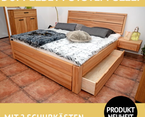 Doppelbett SYSTEM-SLEEP mit 2 Schubladen und Nachtkonsolen, Kernbuche massiv
