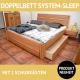 Doppelbett SYSTEM-SLEEP mit 2 Schubladen und Nachtkonsolen, Kernbuche massiv