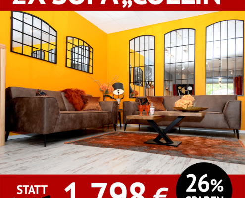 2x Sofa COLLIN Sofa 2- und 3 Sitzer, Sandwichpolsterung, Metallfüße schwarz, Couchtischuntergestell für 2 Platten VICKY mit Massivholz FIDES, Spiegel Industrielook