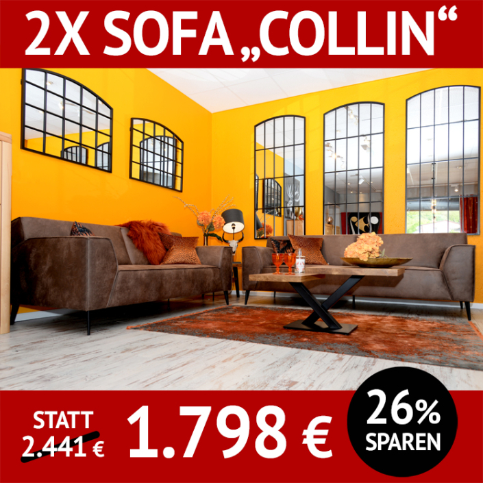 2x Sofa COLLIN Sofa 2- und 3 Sitzer, Sandwichpolsterung, Metallfüße schwarz, Couchtischuntergestell für 2 Platten VICKY mit Massivholz FIDES, Spiegel Industrielook