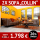 2x Sofa COLLIN Sofa 2- und 3 Sitzer, Sandwichpolsterung, Metallfüße schwarz, Couchtischuntergestell für 2 Platten VICKY mit Massivholz FIDES, Spiegel Industrielook