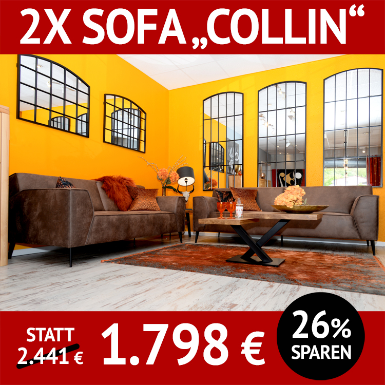 2x Sofa COLLIN Sofa 2- und 3 Sitzer, Sandwichpolsterung, Metallfüße schwarz, Couchtischuntergestell für 2 Platten VICKY mit Massivholz FIDES, Spiegel Industrielook