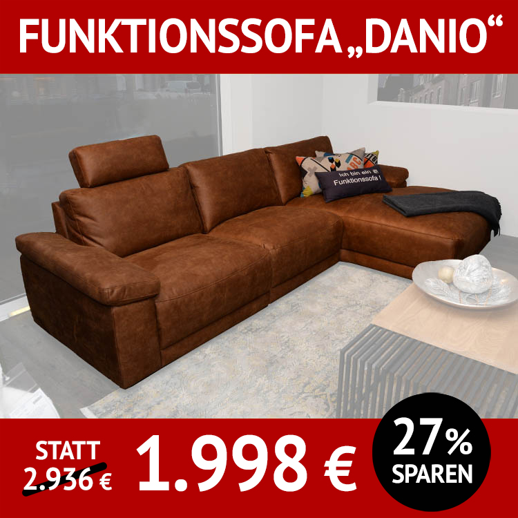 Sofa mit Relaxfunktion DANIO, Polsterung: HR-Schaum, fest, Bezug: Bull, graphit, Couchtisch FIDES, Wildeiche, massiv, natur geölt, Metall. Schwarz Pulverbeschichtet