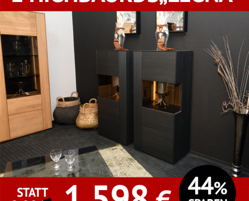 Wohnzimmermöbel LEGNA, 2 Highboards, anthrazit lackiert, Rückwände mit Beleuchtung, sandgestrahlt, Wildeiche Roheffekt