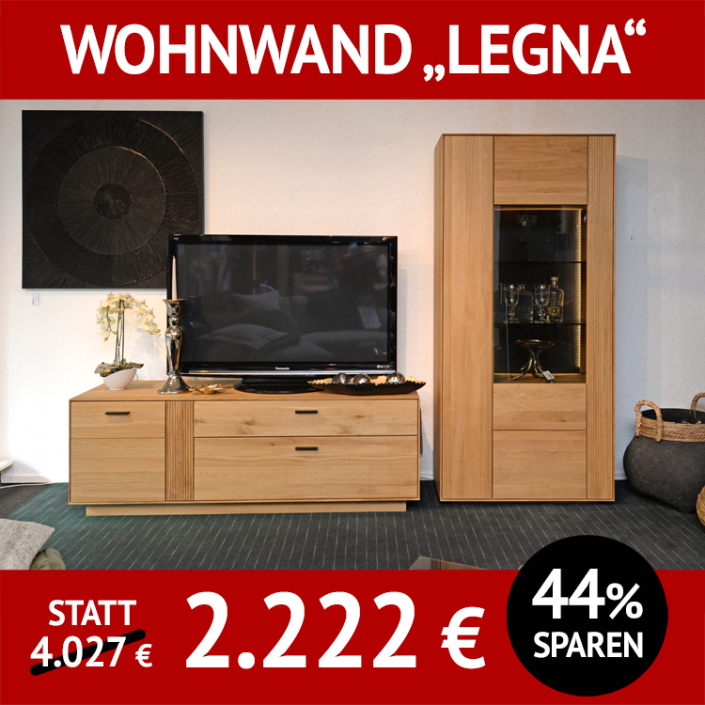 Wohnzimmermöbel LEGNA, Wohnwand aus massiver Wildeiche, Roheffekt geölt
