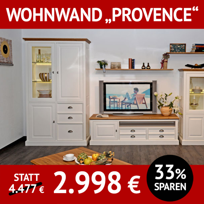 Wohnzimmermöbel Landhausstil PROVENCE, weißer Korpus und Abdeckplatten aus massiver Wildeiche, Vitrine, TV-Lowboard und Wandboard