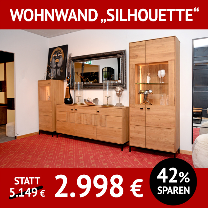Wohnzimmermöbel SILHOUETTE, komplette Wohnwand aus roheffekt geölter Wildeiche und schwarzem Metall