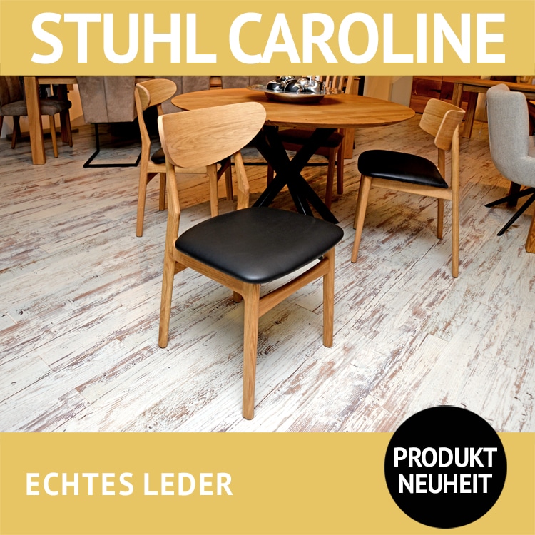Stuhl CAROLINE mit Sitzfläche in echtem Leder, Gestell aus massiver Eiche