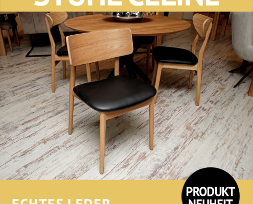 Stuhl CELINE mit Sitzfläche in echtem Leder, Gestell aus massiver Eiche