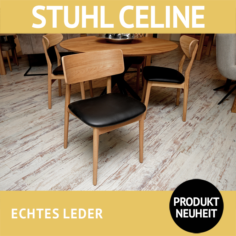 Stuhl CELINE mit Sitzfläche in echtem Leder, Gestell aus massiver Eiche
