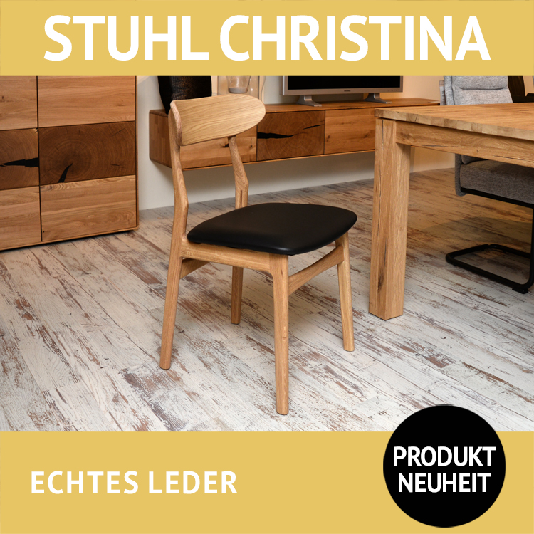Stuhl CHRISTINA mit Sitzfläche in echtem Leder, Gestell aus massiver Eiche