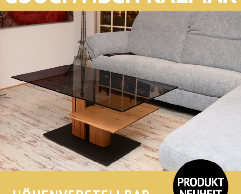 Couchtisch KALMAR ist höhenverstellbar, Fuß in Eiche massiv und Tischplatte aus Glas