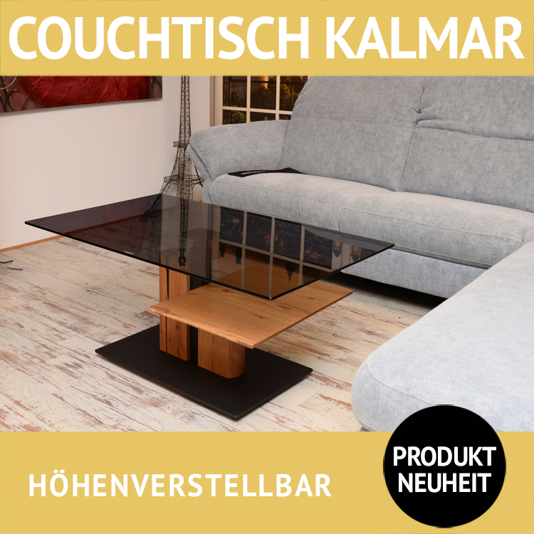 Couchtisch KALMAR ist höhenverstellbar, Fuß in Eiche massiv und Tischplatte aus Glas