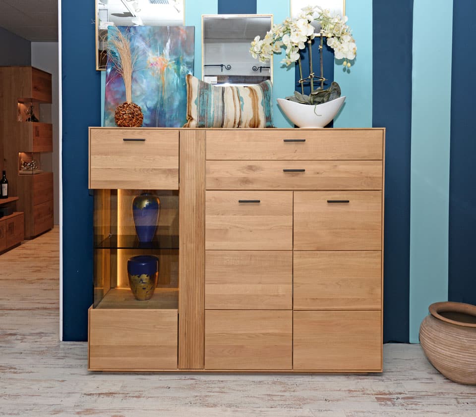 Wohnzimmerschränke LEGNA, Highboard, Wildeiche massiv, Roheffekt geölt