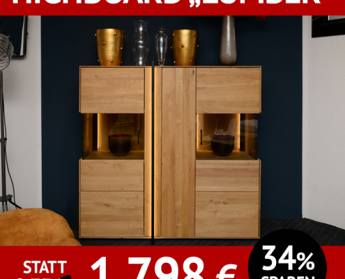 Highboard LUMBER aus Eiche massiv, roheffekt geölt, Front- und Rückwandbeleuchtung