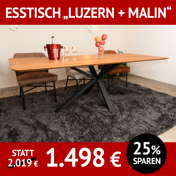 Esstisch LUZERN + MALIN, Massivholz-Platte und Spider-Untergestell aus Metall