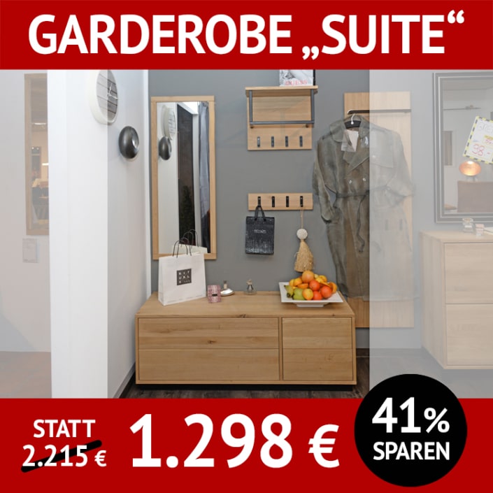 4-teilige, moderne Garderobe SUITE, Wildeiche massiv, bianco geölt, in vielen anderen Massivholz-Varianten erhältlich
