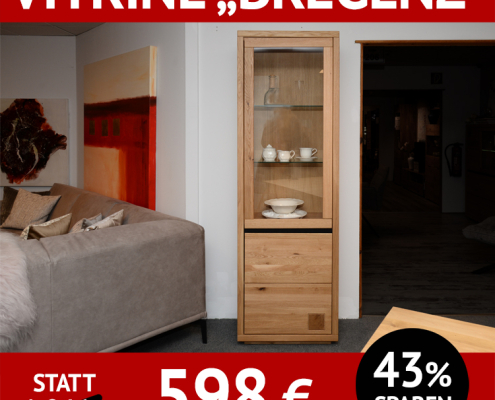 Wohnzimmerschränke Vitrine BRENENZ, Wildeiche massiv, Roheffekt geölt, schwarze und Hirnholz-Applikation