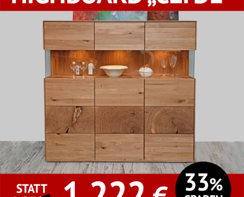 Wohnzimmerschränke CLYDE, Highboard aus Wildeiche, massiv, mit Hirnholzapplikation, mit Beleuchtung