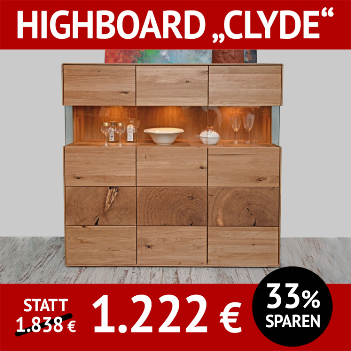 Wohnzimmerschränke CLYDE, Highboard aus Wildeiche, massiv, mit Hirnholzapplikation, mit Beleuchtung