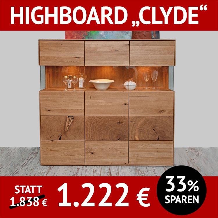 Wohnzimmerschränke CLYDE, Highboard aus Wildeiche, massiv, mit Hirnholzapplikation, mit Beleuchtung