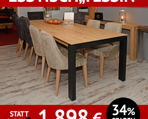 Esstisch TESSIN, Wildeiche massiv, Roheffekt geölt, mit 2 Klappeinlagen