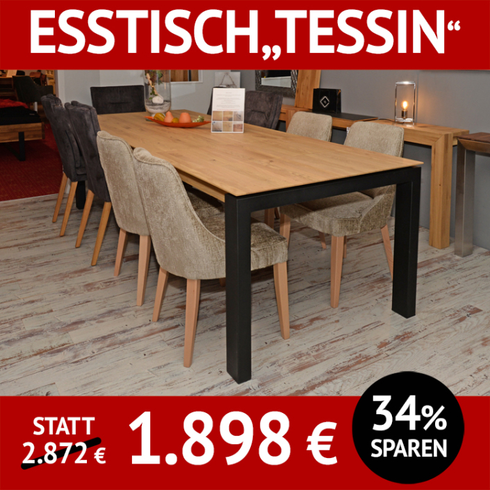 Esstisch TESSIN, Wildeiche massiv, Roheffekt geölt, mit 2 Klappeinlagen Esstisch TESSIN, Wildeiche massiv, Roheffekt geölt, mit 2 Klappeinlagen