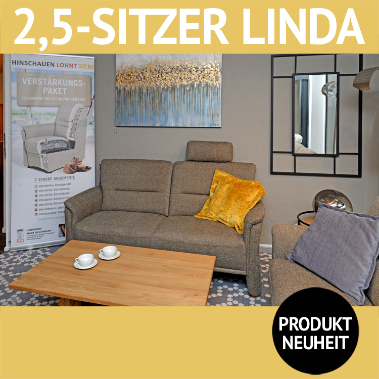 Sofa LINDA, 2,5-Sitzer mit Federkern gepolstert, 5 verschiedene Polsterungen möglich