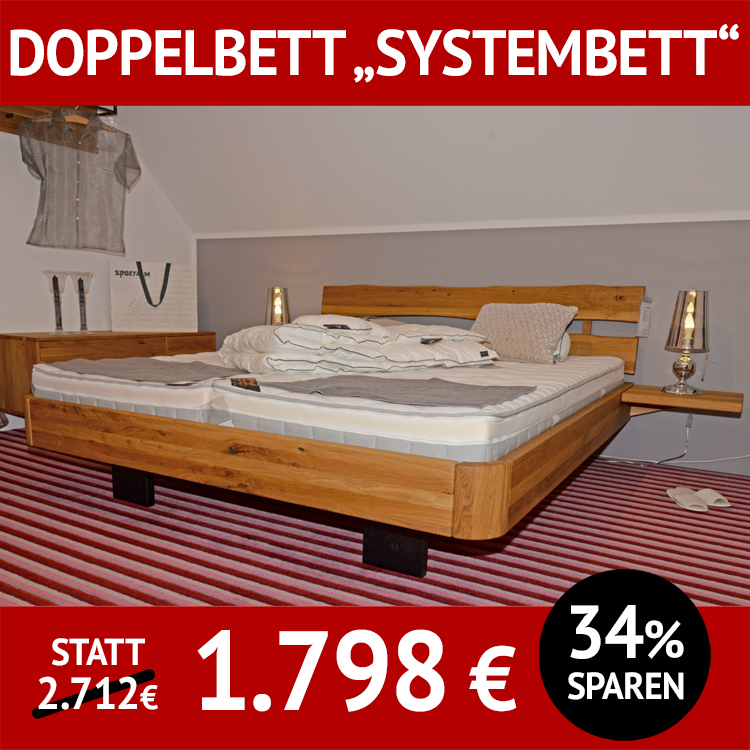 Schlafzimmermöbel Bett SYSTEMBETT, Doppelbett aus Massivholz mit Baumkanten Kopfteil, 2Ablagen