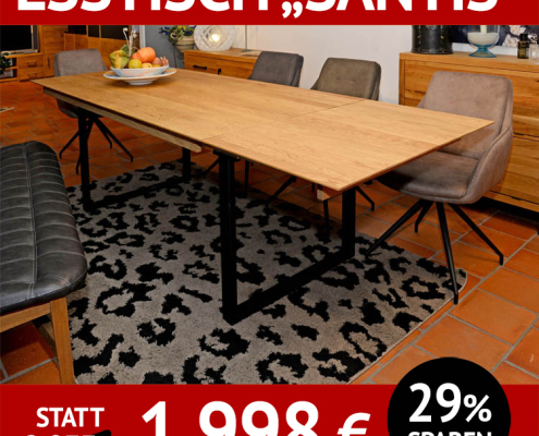 Esstisch Massivholz ausziehbar SÄNTIS, Schweizer Kante, breite Lamellen, Untergestell schwarz matt, Tischsofa NEBA, Esstisch Stühle SIR