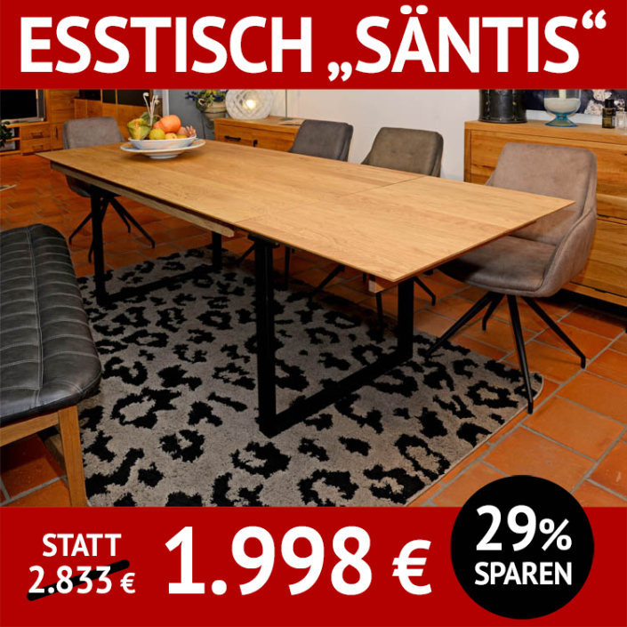 Esstisch Massivholz ausziehbar SÄNTIS, Schweizer Kante, breite Lamellen, Untergestell schwarz matt, Tischsofa NEBA, Esstisch Stühle SIR Esstisch Massivholz ausziehbar SÄNTIS, Schweizer Kante, breite Lamellen, Untergestell schwarz matt, Tischsofa NEBA, Esstisch Stühle SIR