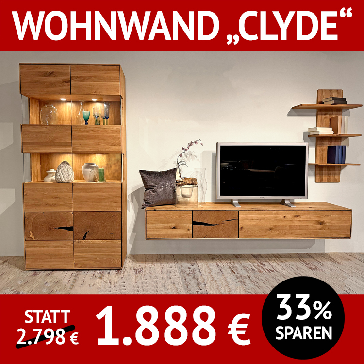 Wohnzimmerschränke CLYDE, komplette Wohnwand aus Wildeiche, massiv, mit Hirnholzapplikation, mit Beleuchtung