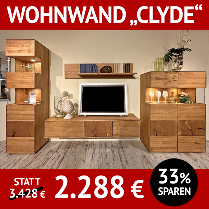 Wohnzimmerschränke CLYDE, komplette Wohnwand aus Wildeiche, massiv, mit Hirnholzapplikation, mit Beleuchtung