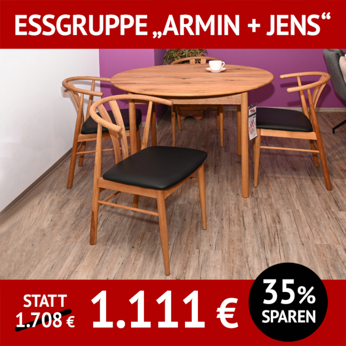 Essgruppe: Esstisch ARMIN und 4 Stühle JENS, Wildeiche, Tisch: rund, ausziehbar