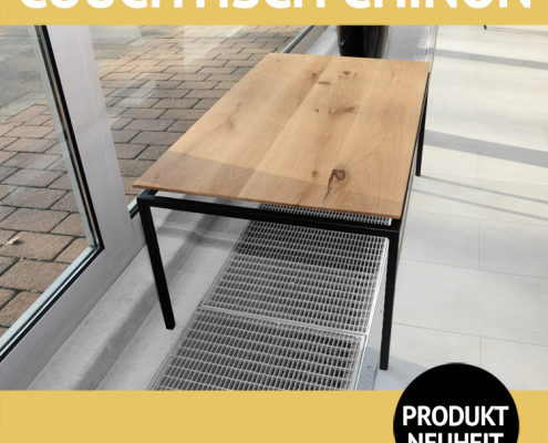 Couchtisch CHINON, Wildeiche massiv, Roheffekt geölt, Untergestell Metall, schwarz