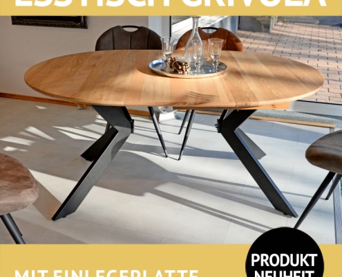 Esstisch GRIVOLA, Wildeiche massiv, Roheffekt geölt mit Einlegeplatte in Wildeiche furniert, Untergestell Metall, schwarz