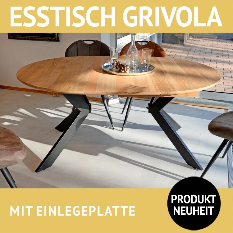 Esstisch GRIVOLA, Wildeiche massiv, Roheffekt geölt mit Einlegeplatte in Wildeiche furniert, Untergestell Metall, schwarz