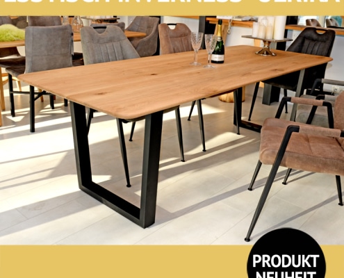 Esstisch INVERNESS + ULRIKA, Tischplatte aus massiver Wildeiche, Untergestell aus schwarzem Metall