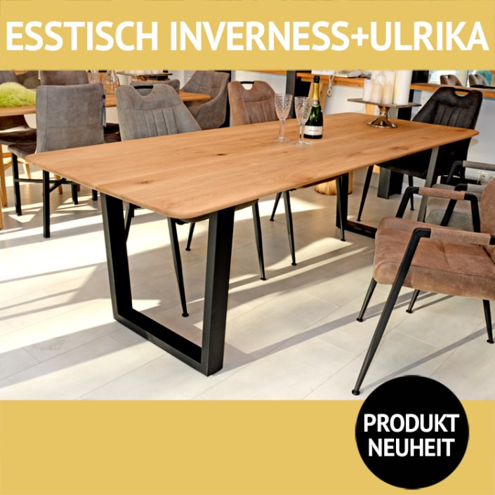 Esstisch INVERNESS + ULRIKA, Tischplatte aus massiver Wildeiche, Untergestell aus schwarzem Metall