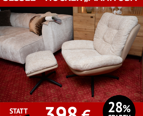 Sessel mit passendem Hocker MANITOBA, drehbar und mit Wippfunktion, die Rückseite ist anders bezogen