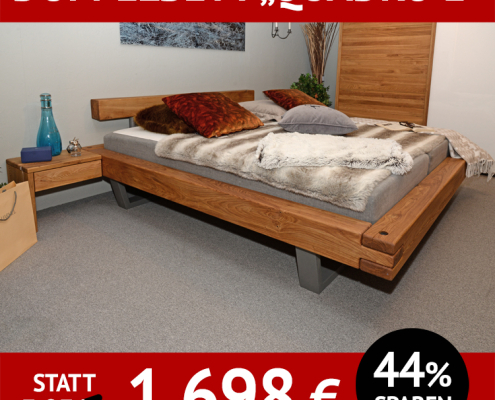 Doppelbett QUADRO 1, Wildeiche massiv, natur geölt, auf Schwebekufen aus grauem Metall