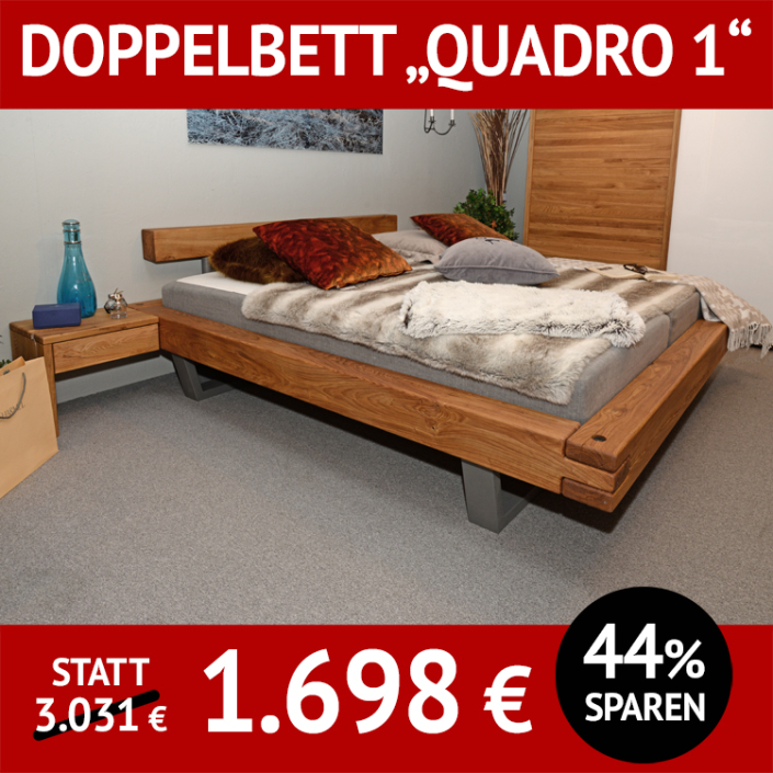 Doppelbett QUADRO 1, Wildeiche massiv, natur geölt, auf Schwebekufen aus grauem Metall