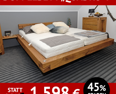 Doppelbett QUADRO 4, Kiefer massiv, gelaugt, geölt, auf Schwebekufen aus Kiefer