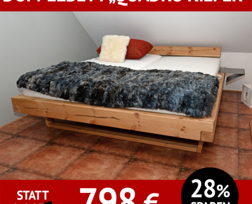 Doppelbett QUADRO 4, Kiefer massiv, gelaugt, geölt, auf Schwebekufen aus Kiefer, Ablagekonsolen aus Metall